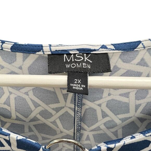 MSK 2X Women's Print Dress Sleeveless Polyester Spandex Blend Blue White 522 - Picture 4 of 6